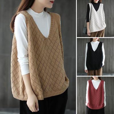 Spring Fall Women Vest Knitted Sweater Retro V Neck Loose Sleeveless Solid Color Pullover