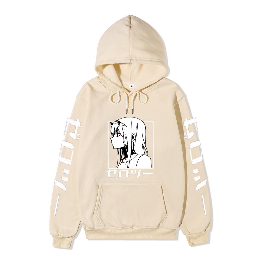 Zero Two Side Profile Anime Hoodie Japanese Letter Print Black Casual Long Sleeve Hooded Sweatshirt Pullover