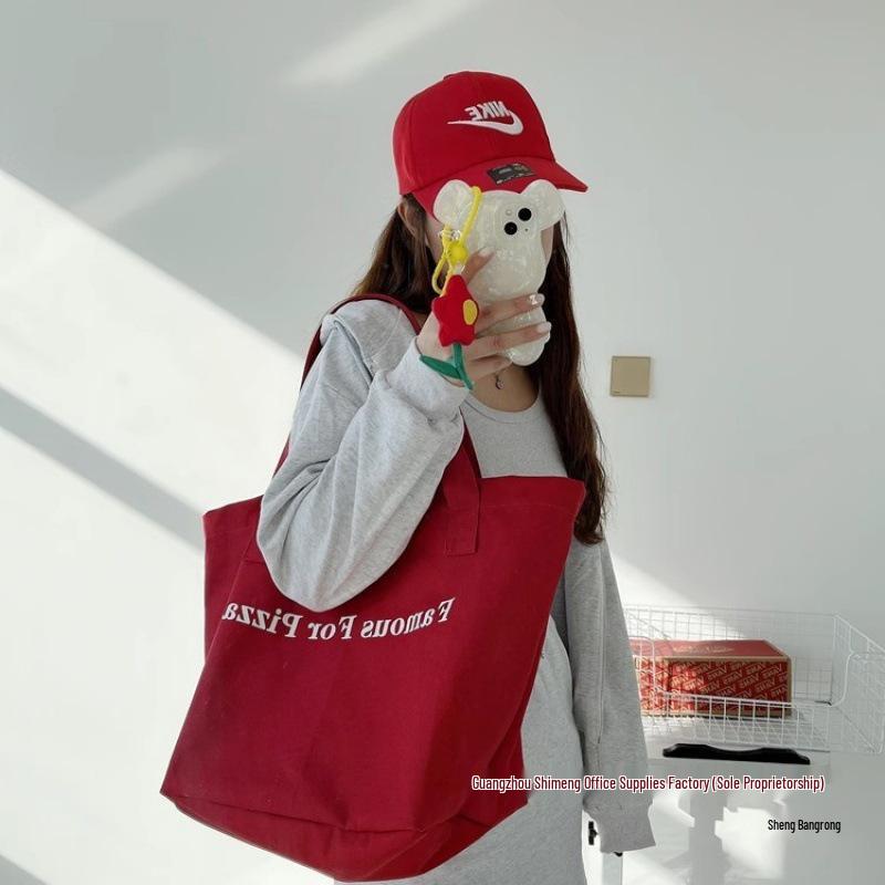2025 Red Canvas Shoulder Bag with Casual Letter Print