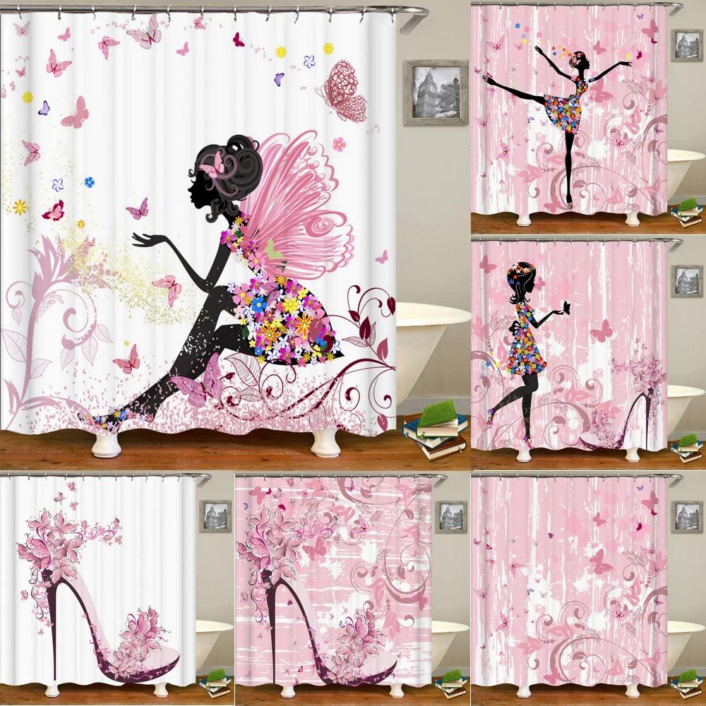 Dunika Chen Girls Pink Flower Butterfly Shower Curtains Bathroom Curtain Fabric Waterprood Polyester For Bath Decor Bath Curtain With Hooks