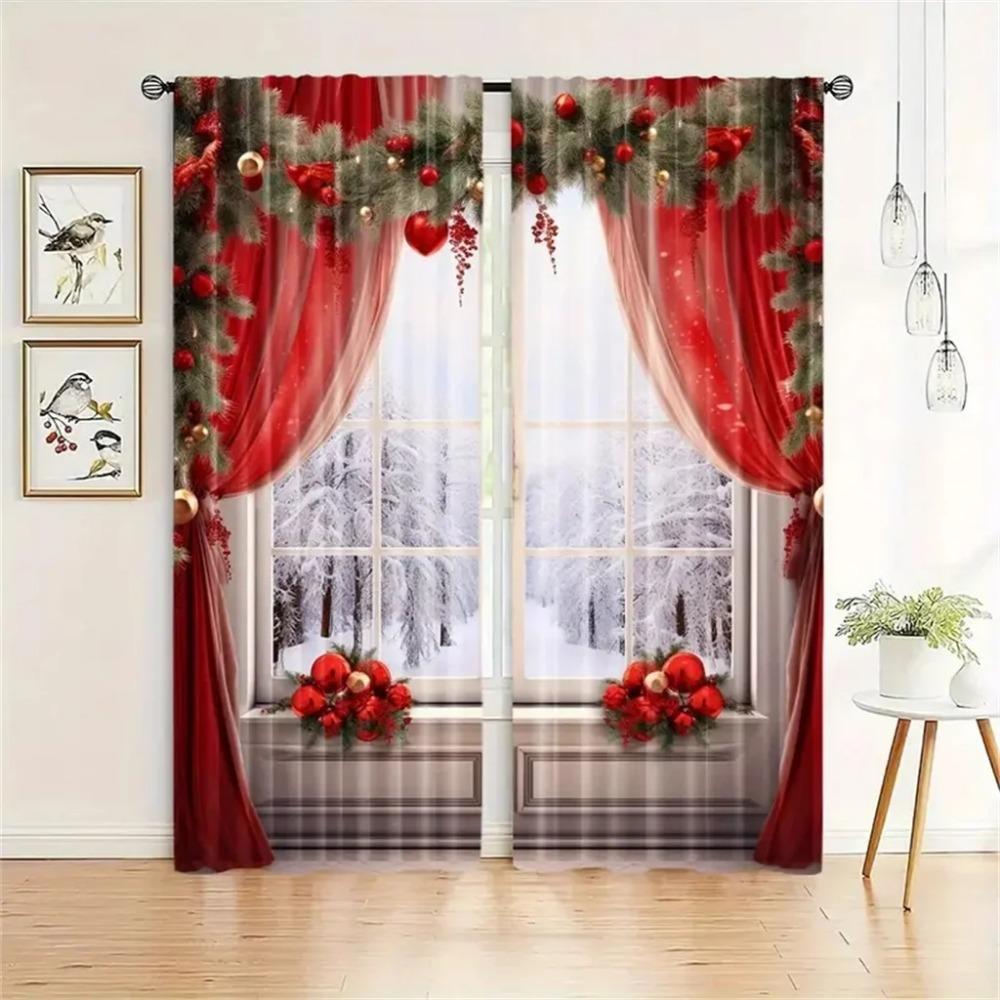 2pcs Classic Christmas Lantern Trees Elk Print Curtains Hand Washable,Hookless Rod Pocket For Living Room Bedroom Kitchen Office