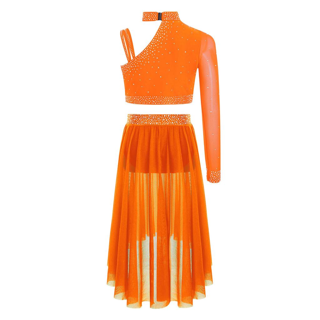 Conjunto de Ropa Lírica para Niñas Crop Top con Pedrería Diseño de Hombro Irregular Falda de Malla con Abertura Lateral