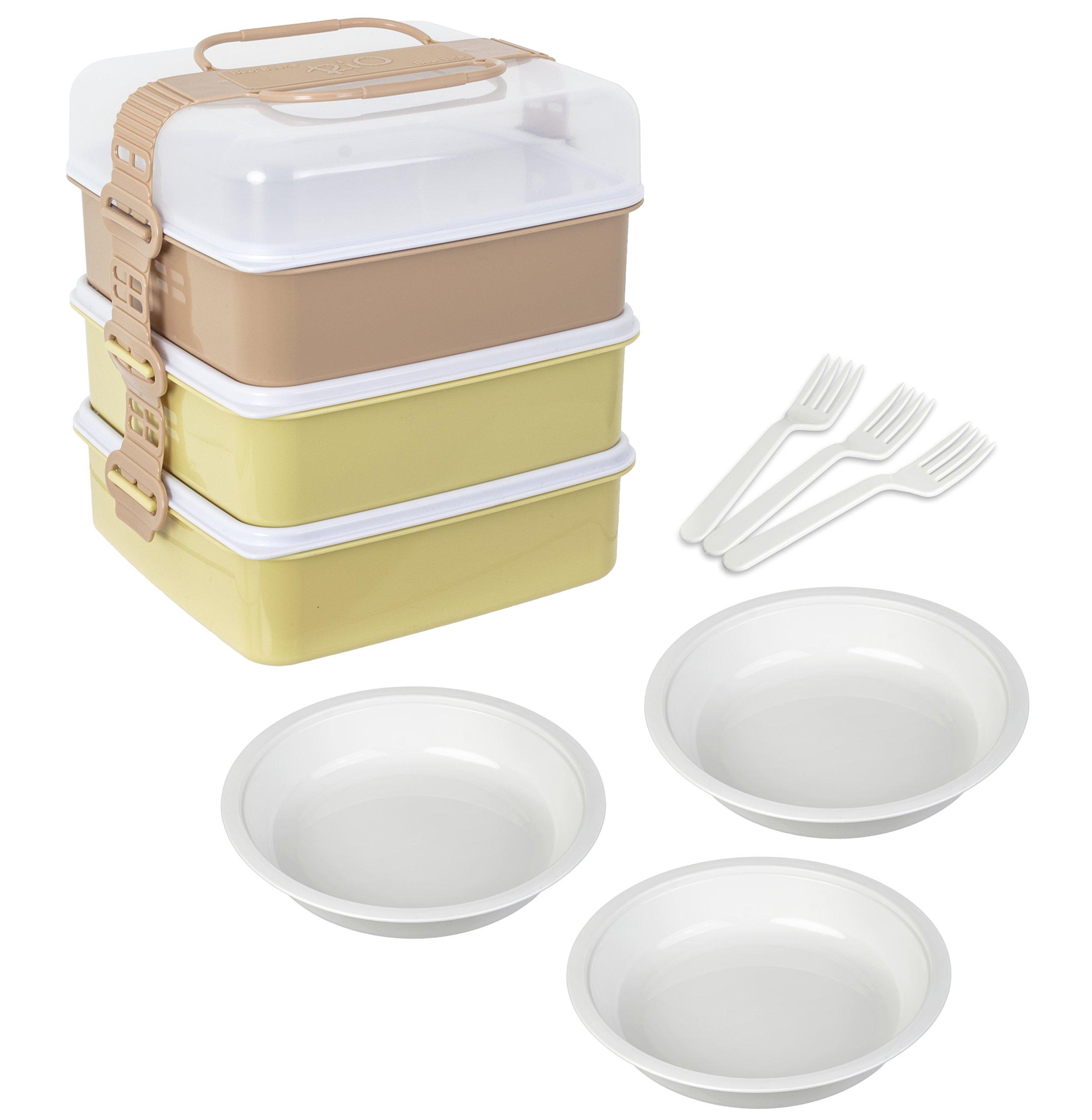 

Sanko Plastic Family Size Rio Pack Lunch 3 with 3 Side Earth 116987 L-Shaped Box, Tiers, Plates, Beige,