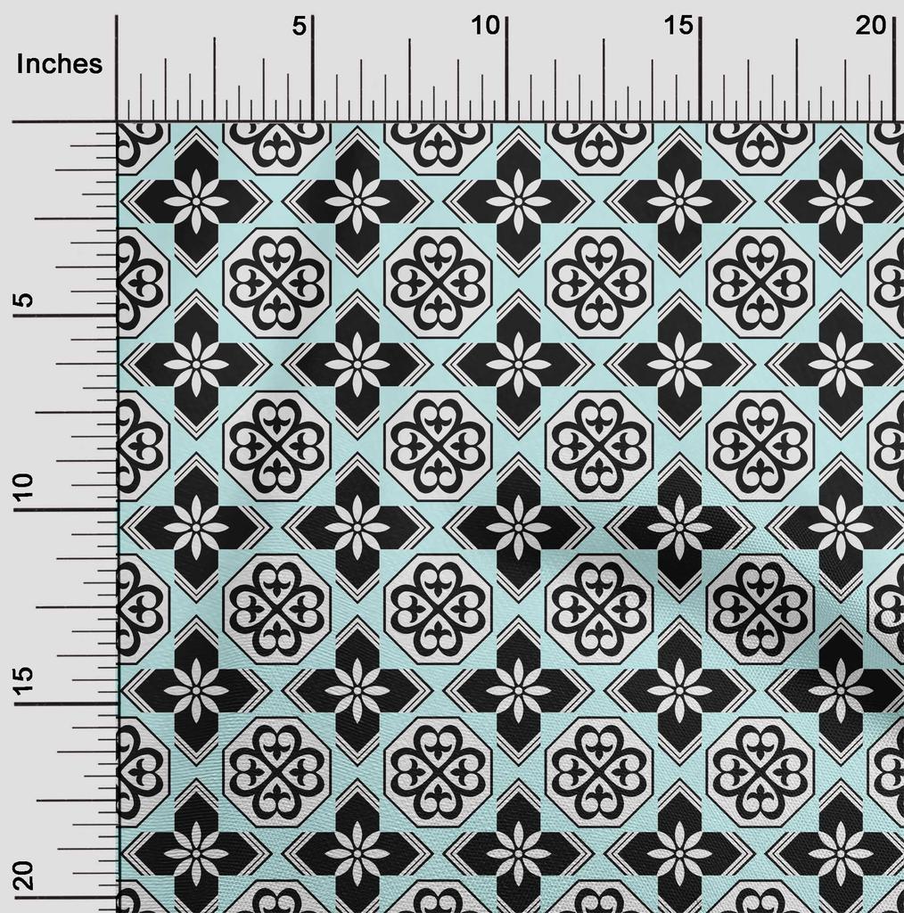 oneOone Cotton Flex Arctic Blue Fabric Floral & Tiles Moroccan Sewing Craft Projects Fabric Prints By Meter 40 Inch