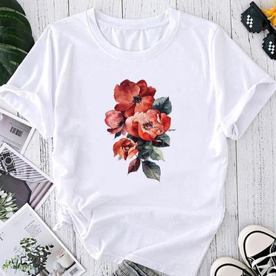 (Asian Size) Fashion Print Flower Watercolor 90s Trend Sweet Graphic Tee Female Casual T Clothing Casual Women's Top Short Sleeve T-shirt