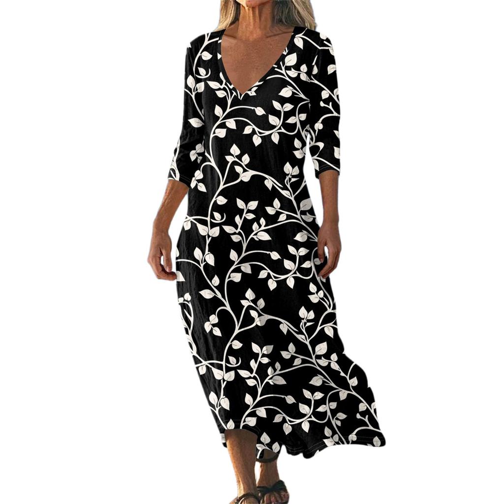Women's Vintage Print Tunic Waisted Midi Dress Summer Casual 3/4 Sleeve Dress Dress