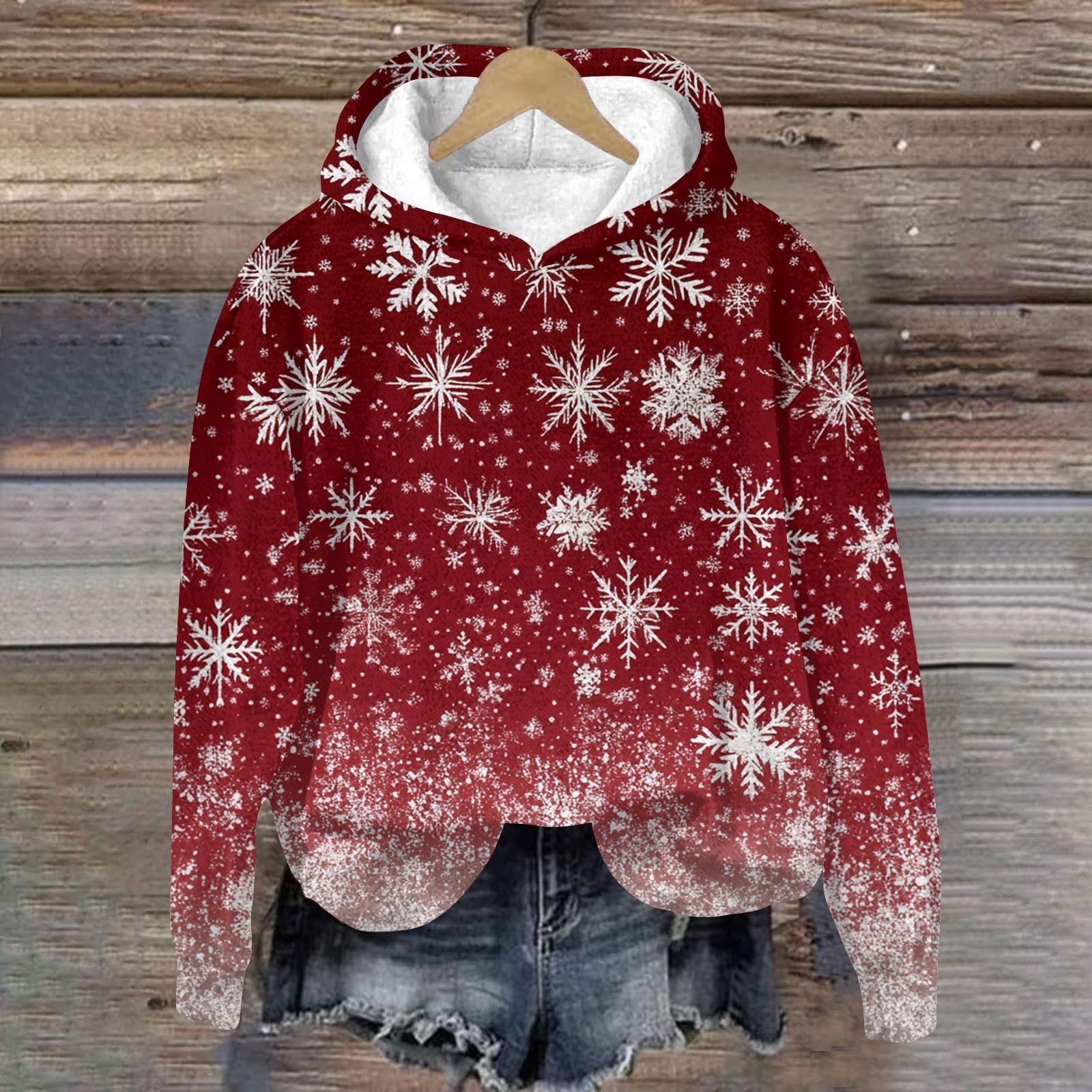 

Женская модная толстовка с капюшоном и заниженной линией плеч с длинным рукавом и рождественским принтом S