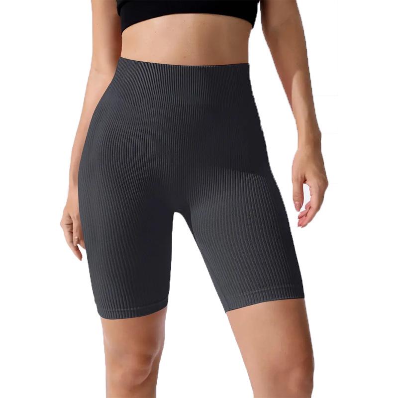 Seamless Ribbed High-Waisted Yoga Shorts - Butt Lifting, Tummy Control, Breathable, Three-Quarter Length, High Elasticity.
