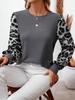 Damski T-shirt z długim rękawem, okrągłym dekoltem i patchworkiem w panterkę, jesień/zima 2024