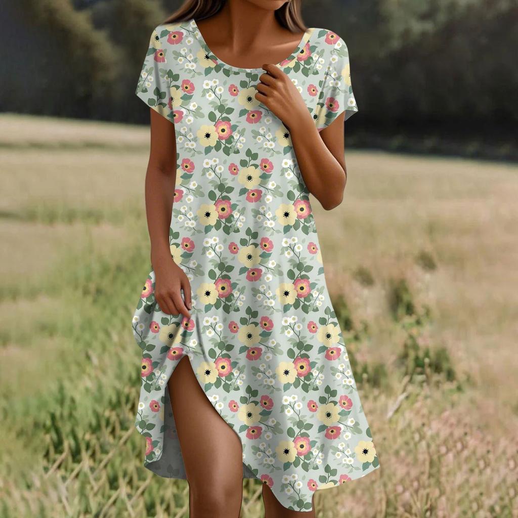 Kurzärmeliges Boho-Kleid für Damen, lässig, lockere Passform, Sommerkleid mit Blumendruck und Taschen