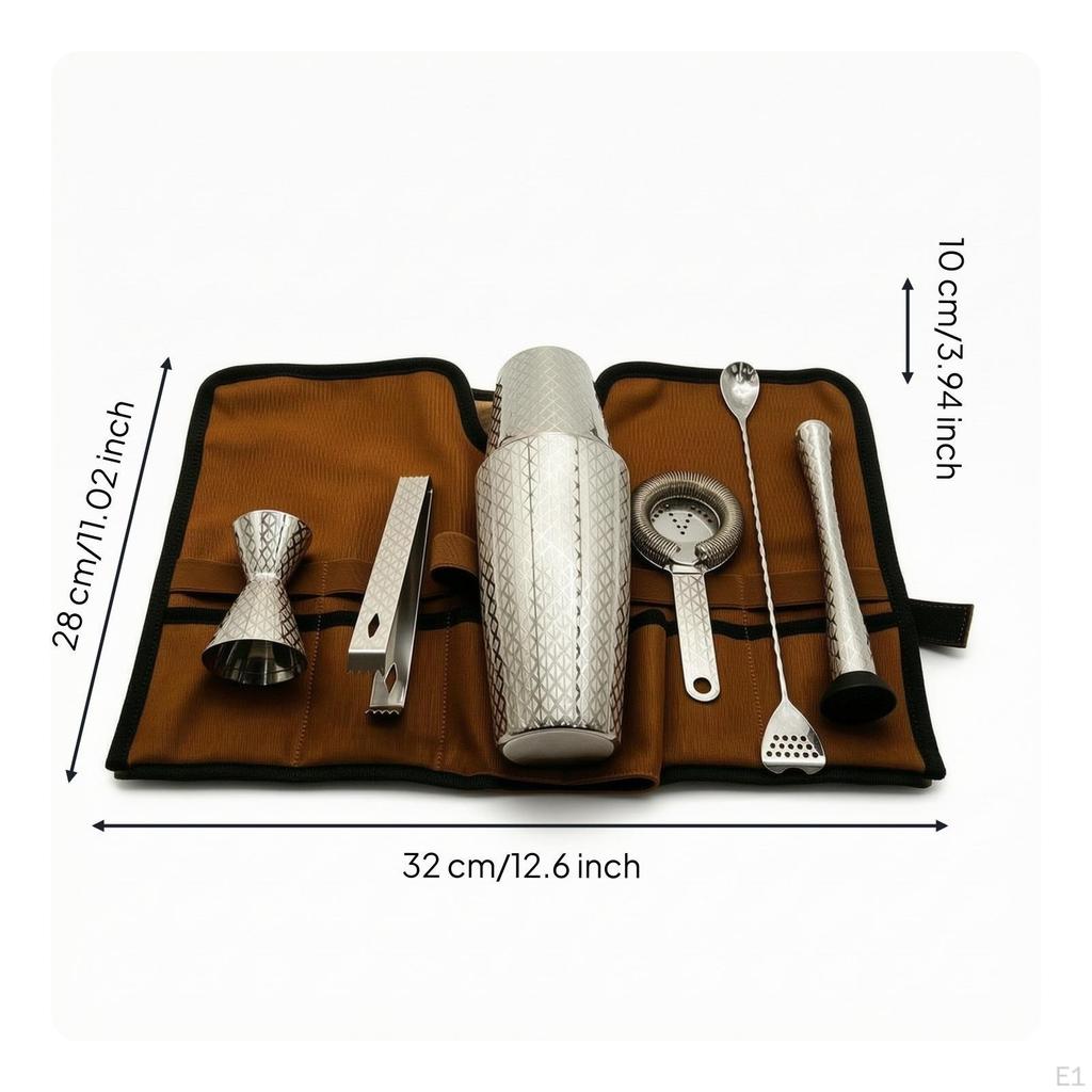 7 Pieces Bar Tool Set with Roll-up Pouch Stainless Steel Storage Bag