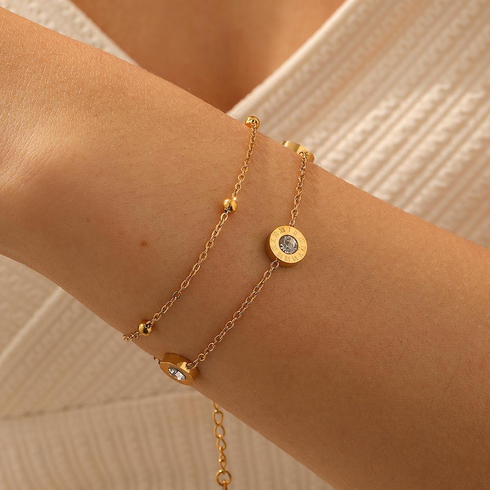 DIEYURO 316L Stainless Steel Golden Roman Numerals Round Inlay Zircon Double layer Bracelet Lady Fashion Wrist Chain Jewelry