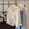 French-Style Two-Piece Set: Turn-Down Collar Long Sleeve Shirt + Lace Vest for Women.