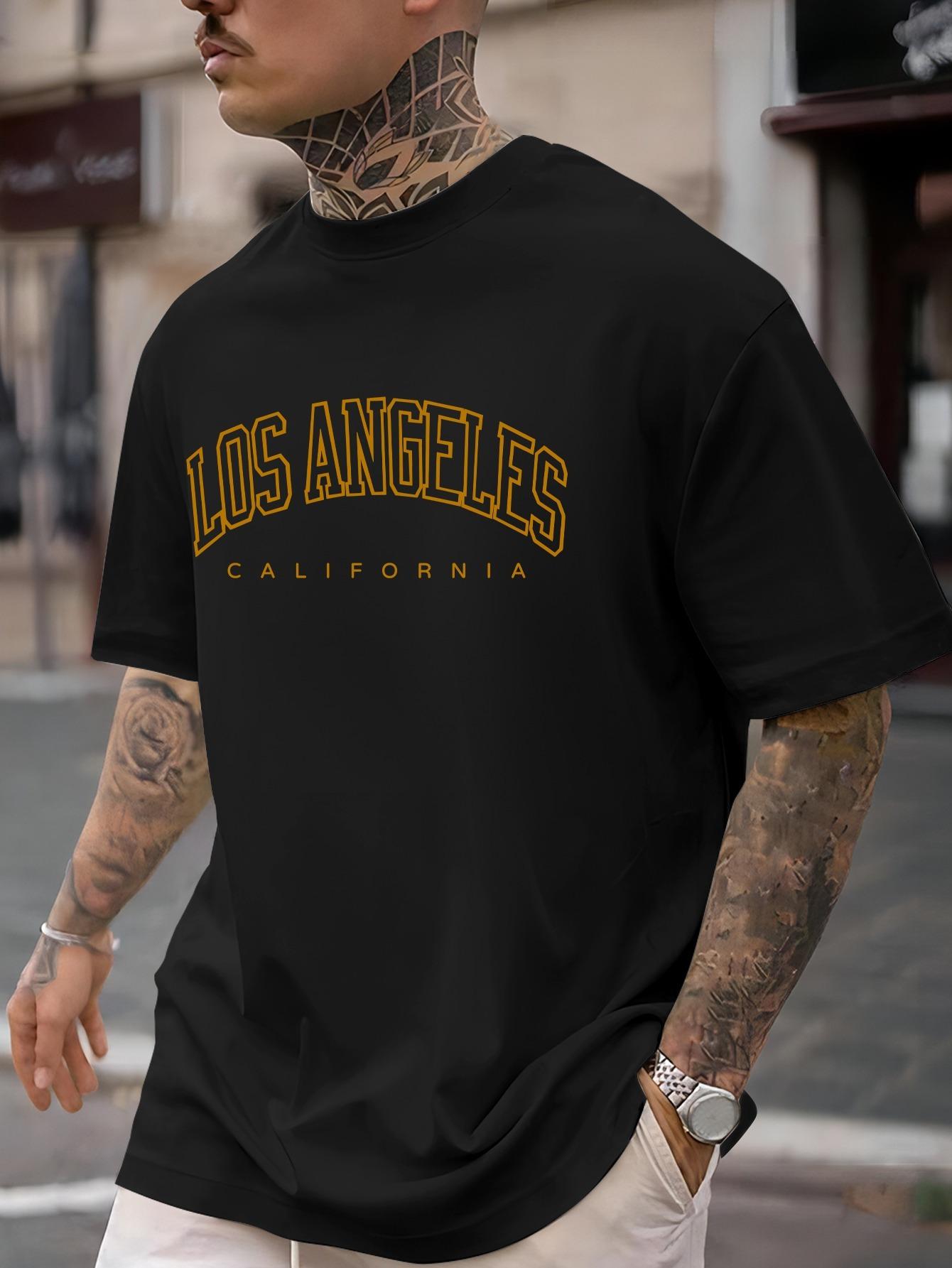 Los Angeles California Graphic T-shirt - Casual Short Sleeve Round Neck Tee with Bold Yellow Letter Print XXXL