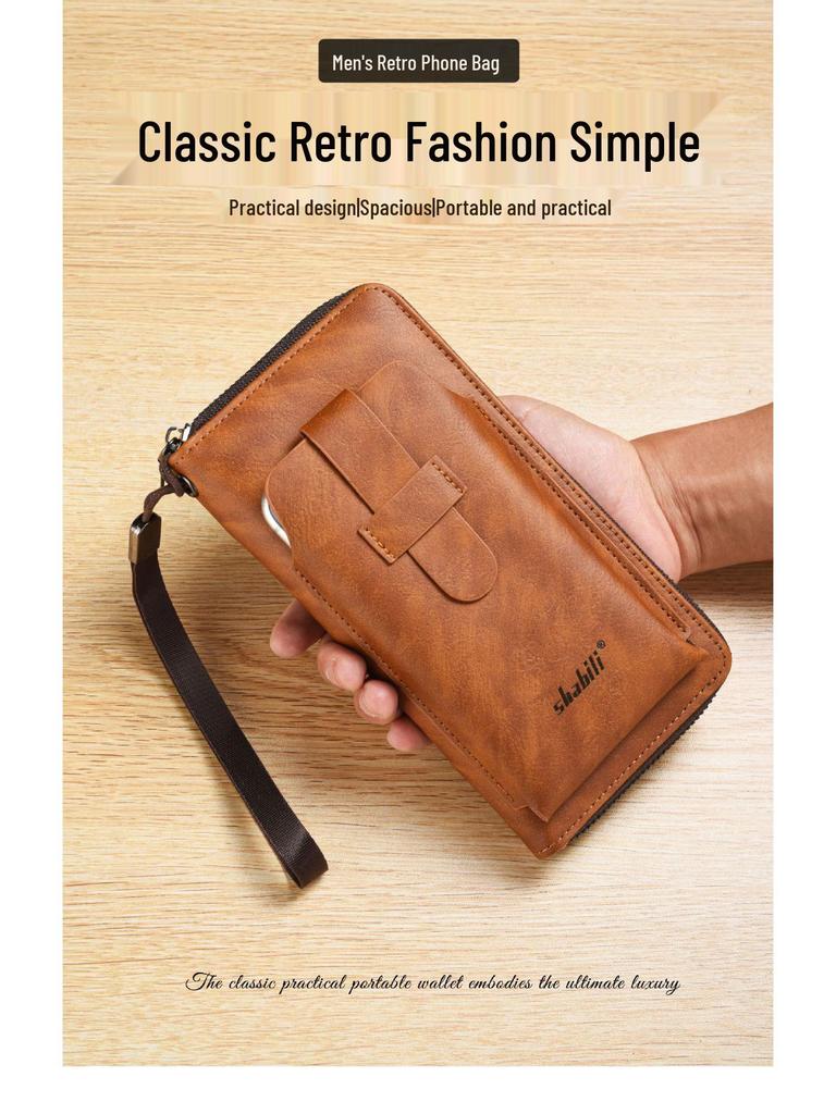 SHABILI Men's Zipper Wallet: Youth Leather Phone Bag & Card Holder, Large Capacity, Multifunctional