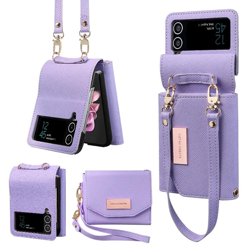 Lanyard Wallet Leather Cards Solt Case For Samsung Galaxy Z Flip 6 5 4 Flip4 5G Purse Bag Hand Strap Skin Feeling Back Cover