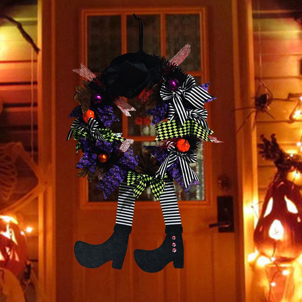 Halloween Black Wreath with Hat Witches Legs Pumpkin Long Legged Wicked Witch Wreath Front Door Garlands for Party Decor