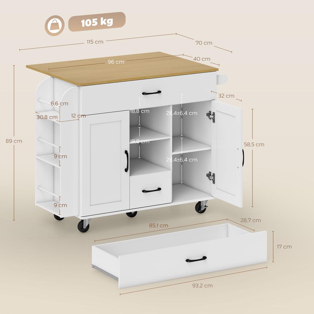 Rolling Kitchen Island, Fold-Out Worktop, Soft-Close Cabinet Doors, Drawers, Towel Holder, MDF, White
