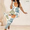 Women Plus Size Printed Round Neck Short Sleeve Longline Top Fitted Pants Two Piece Set