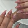 Pink French Edge Press On Nail with Colored Dot Accents, Long Pointed 30 Piece Styling Set, Adhesive Tabs and Storage Box Included