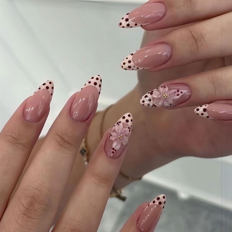 Pink French Edge Press On Nail with Colored Dot Accents, Long Pointed 30 Piece Styling Set, Adhesive Tabs and Storage Box Included