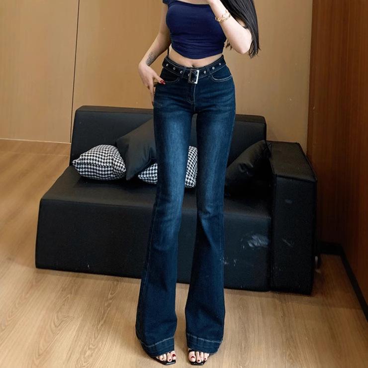 American Women's Low-Waisted Skinny Belted Micro-Flare Jeans - New Slimming Versatile Flared Pants for 2026 Autumn/Winter