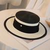 Women's summer beach straw hat beach shade sun protection color blocked flat top sun hat British versatile top hat