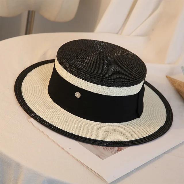 Women's summer beach straw hat beach shade sun protection color blocked flat top sun hat British versatile top hat