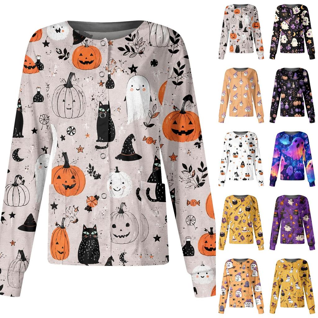 Women's Halloween Print Long Sleeve Button Front Cardigan for Costume Party and Casual Outwear