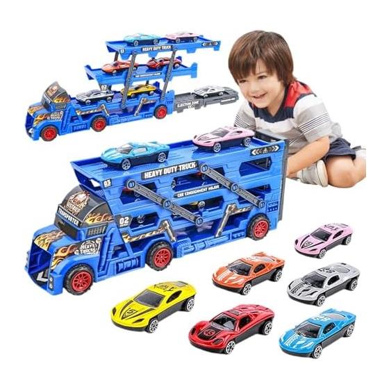 Car Toy Construction Vehicle Set, 1 Transport Vehicle, 6 Mini Car Set, Equipped with Transforming Shooter, Carrier Car Toy, Large Foldable Container