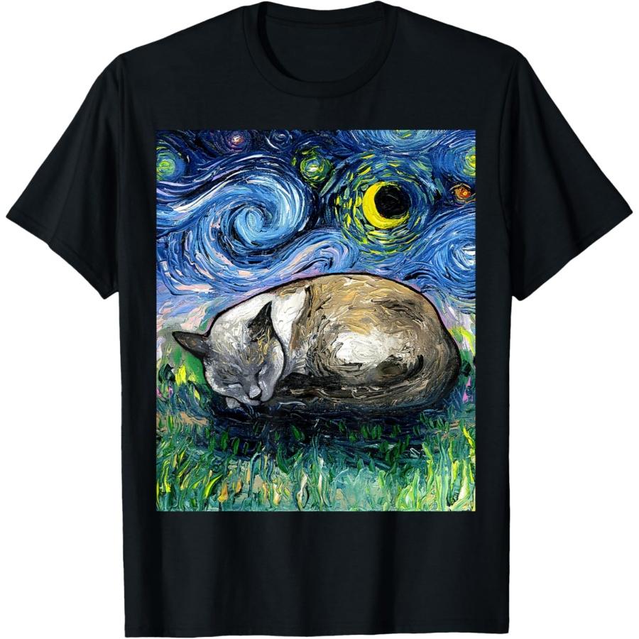 Sleeping Blue Point Siamese Cat Starry Night Pet Art by Aja Men Women Girls Kids T-Shirt S