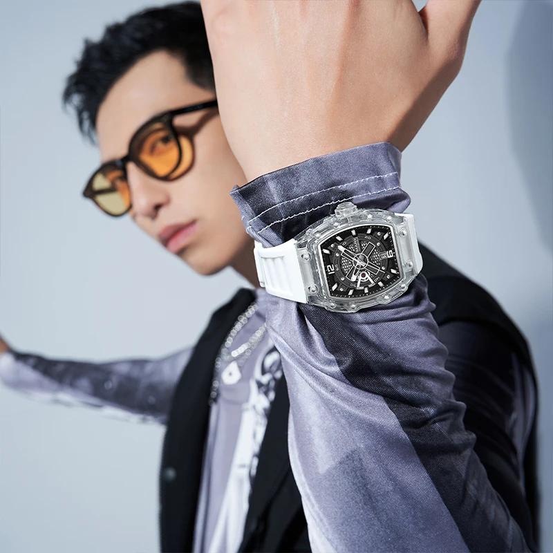 Mark Fairwhale Herren S Automatische Mechanische Skelettuhr Transparentes Design Acrylgehäuse 43mm Gummiarmband Wasserdicht Leuchtend