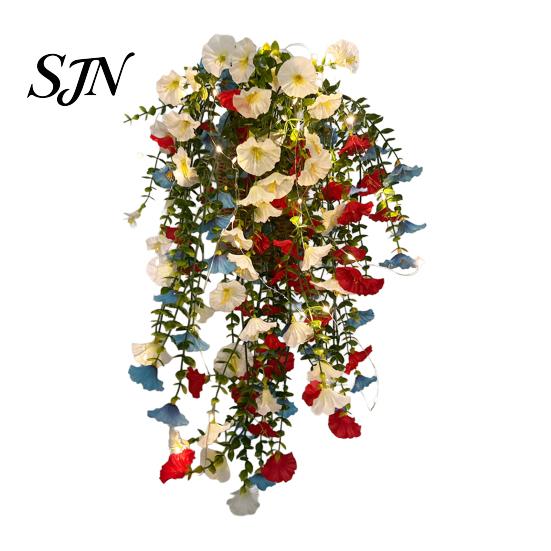 Fade Resistant Decor Patriotic Hanging Basket, Red White Blue Artificial Flowers for America's Flower Basket 250th Anniversary, UV Outdoor Indoor