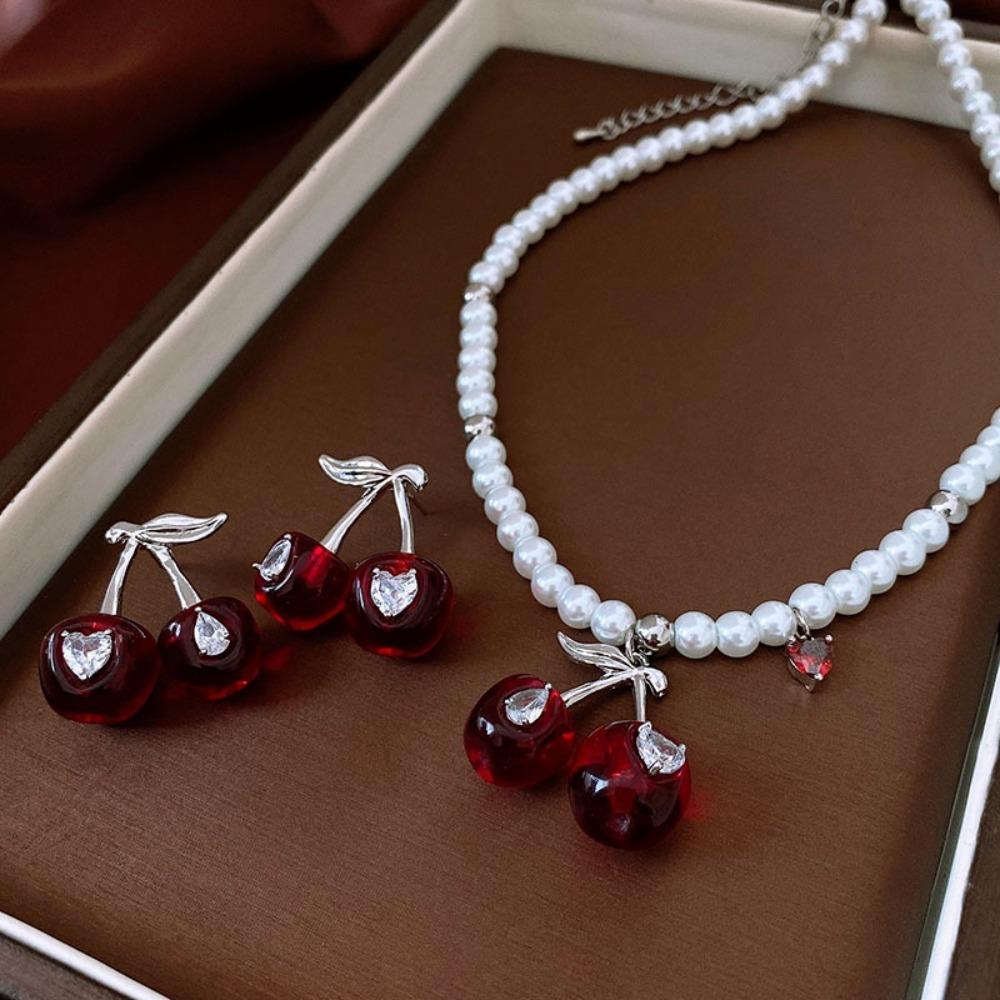Pendant Cherry Necklace Heart Crystal Ear Studs Exquisite Cherry Jewelry Set  Gift