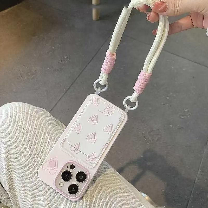 Pink and white love card bag is suitable for Apple 16promax mobile phone case with lanyard 13 14 15 soft case 15pro 11.