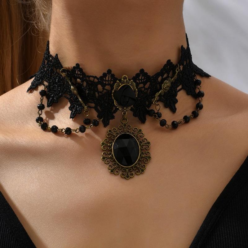 Accessories Black Neck Chain Lace, Clavicle Chain Light Luxury High-end, Hollow Fringe Gothic Necklace Women