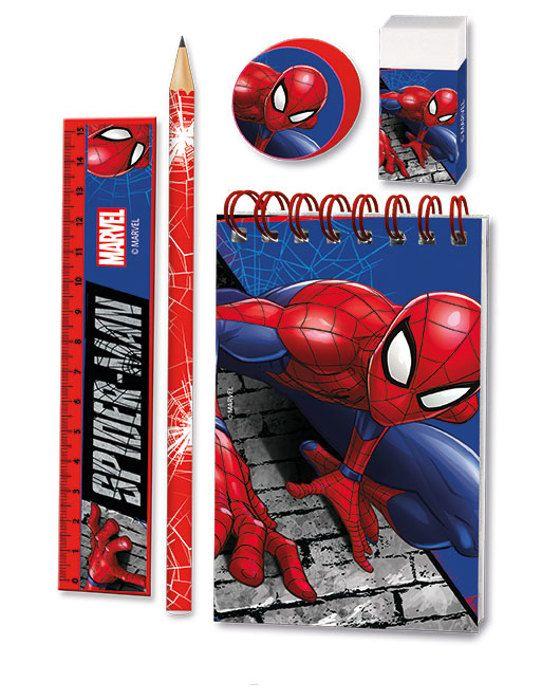 SPIDER-MAN L'Homme Araignée Schulset 5 Teile - Bleistift, 15 cm Lineal, Spitzer, Heft, Radiergummi - Spider-Man Motiv