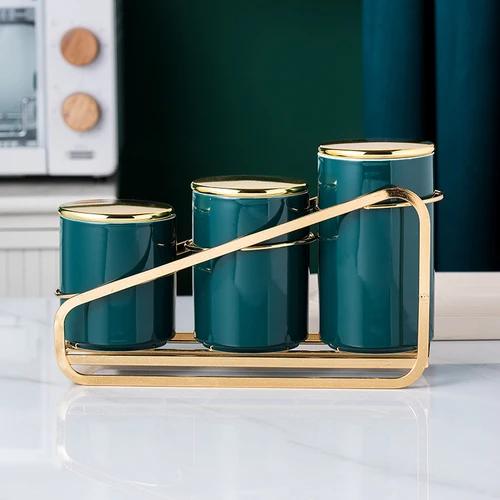 3 PCS Ceramic Airtight Jar Kitchen Canister Sets Cereal Dispenser Spice Organizer Rack Jars with Lid Food Storage Containers