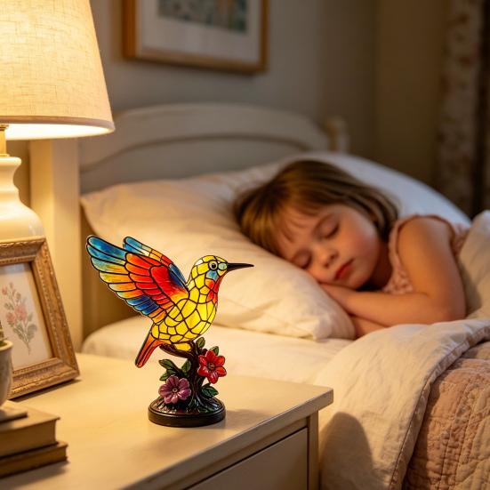 Handmade Stained Glass Bird Night Light, Hummingbird Floral Table Lamp, Vintage Resin Decorative Bedside Lamp for Bedroom, Living Room, Nursery