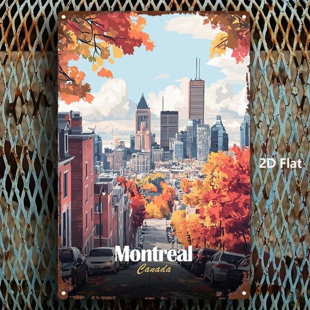 Vintage Montreal Autumn Cityscape Metal Tin Sign 8x12 In 2D Flat Wall Decor Retro Farmhouse Home Kitchen Cafe Bar Gift