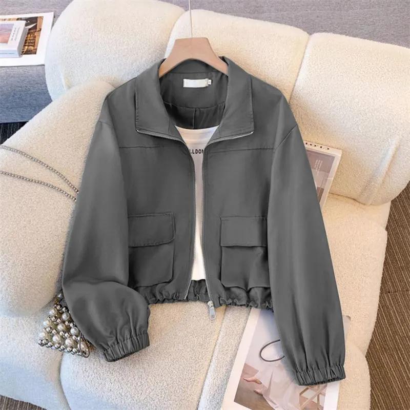 Women's Zipper Jackets Spring   Loose  Stand Collar Long Sleeve Tooling Jacket Coat