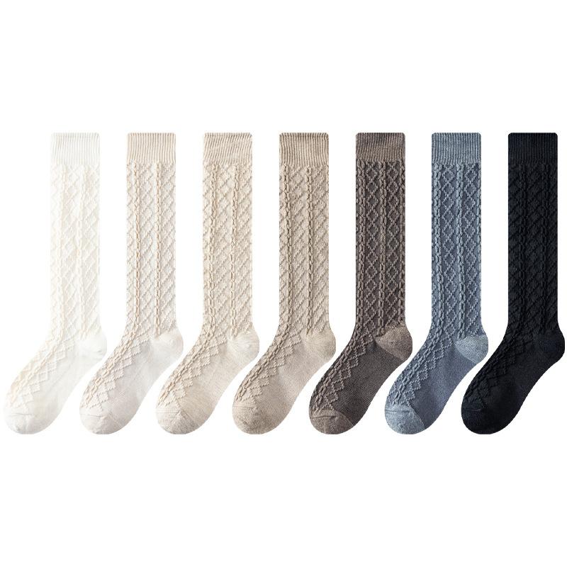 Female Autumn and Winter Retro All Match Pure Color Twist Calf Pile Socks