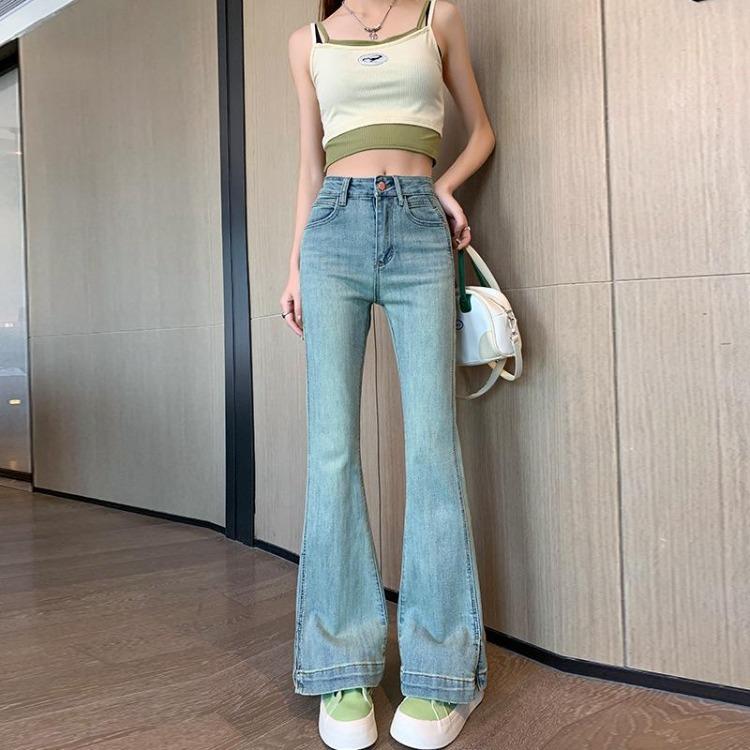 High Waisted Flared Jeans Women Autumn Elastic Split Hem Pulled Denim Pants Spice Girls Fashion