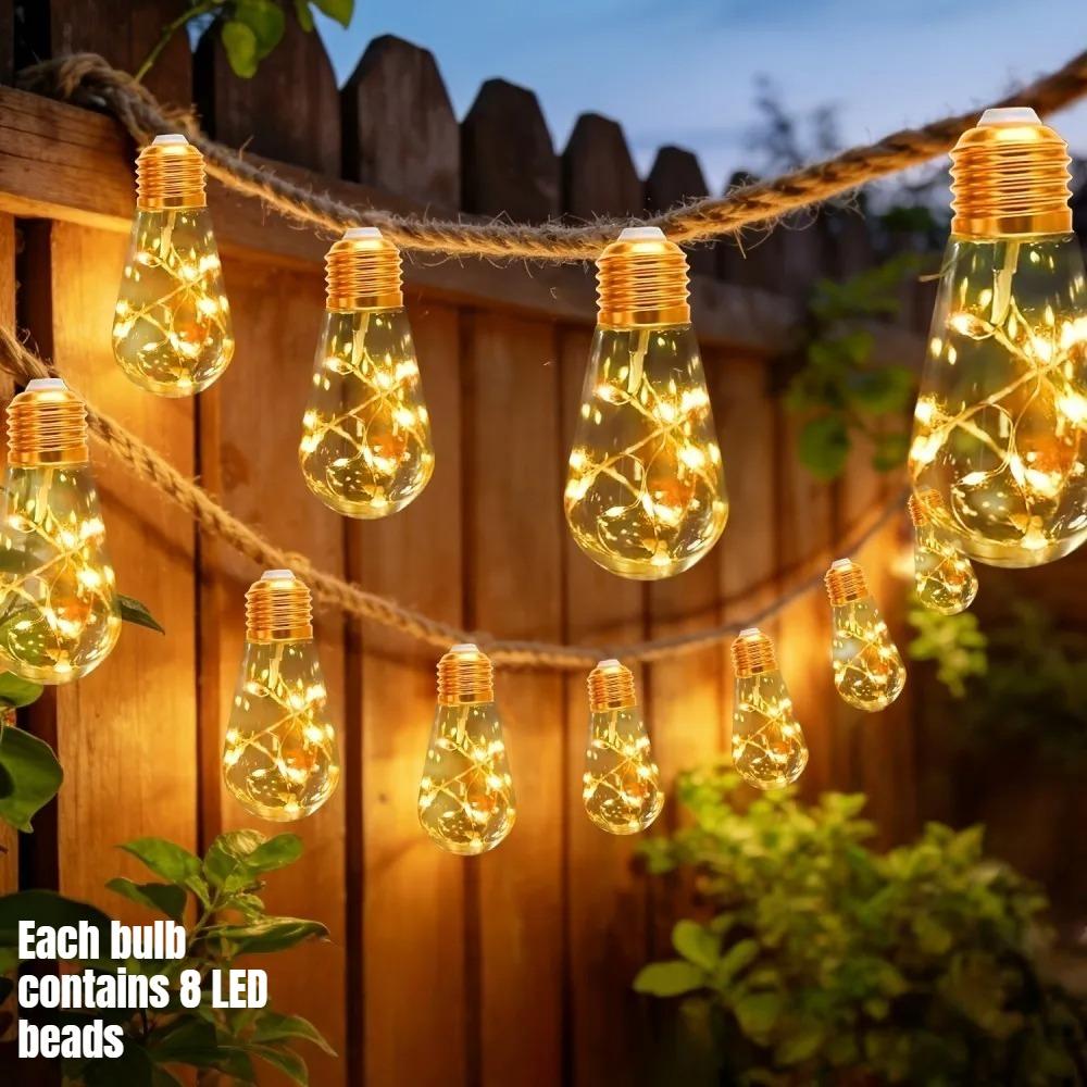 80LED Outdoor Garden Solar Light String, Bulb Hanging Retro Hemp Rope Light String, for Camping Courtyard Fence Garden