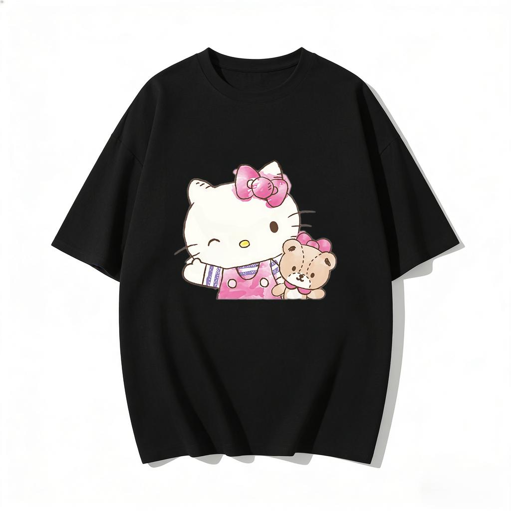 2026 New Hello Kitty Teddy Bear Watercolor Cartoon Print Tshirt Family Matching Outfits Casual Short Sleeve Tee Women Unisex Kids