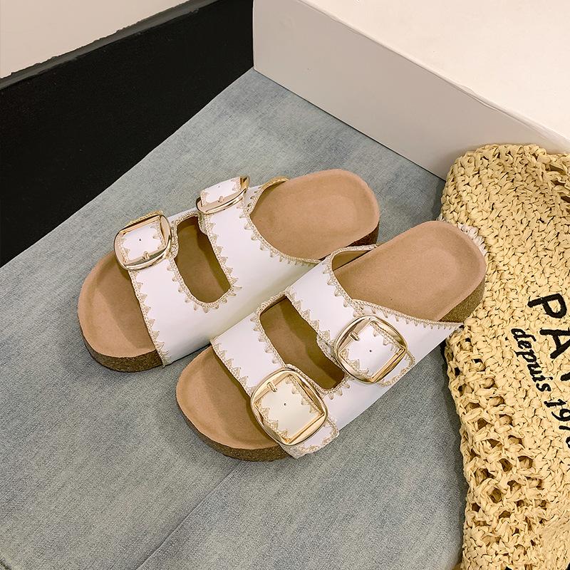 Cowhide version~ thick bottom heightening suture belt buckle outer wear retro one-word cool slippers women's beach slippers