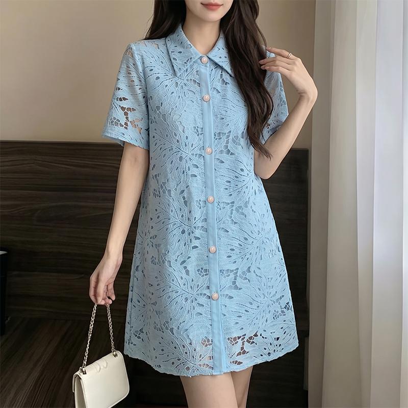 ZANZEA Women Casual Turn Down Collar Short Sleeve Lace Crochet Patchwork Elegant Dress