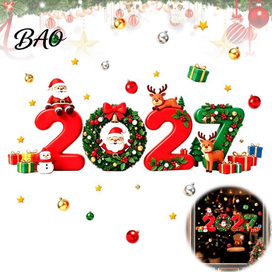 New Year Glass Decals 2027 Christmas Window Clings, Santa Reindeer Gift Ball Static Clings Decals, PVC Removable Stickers for Home Shop Holiday
