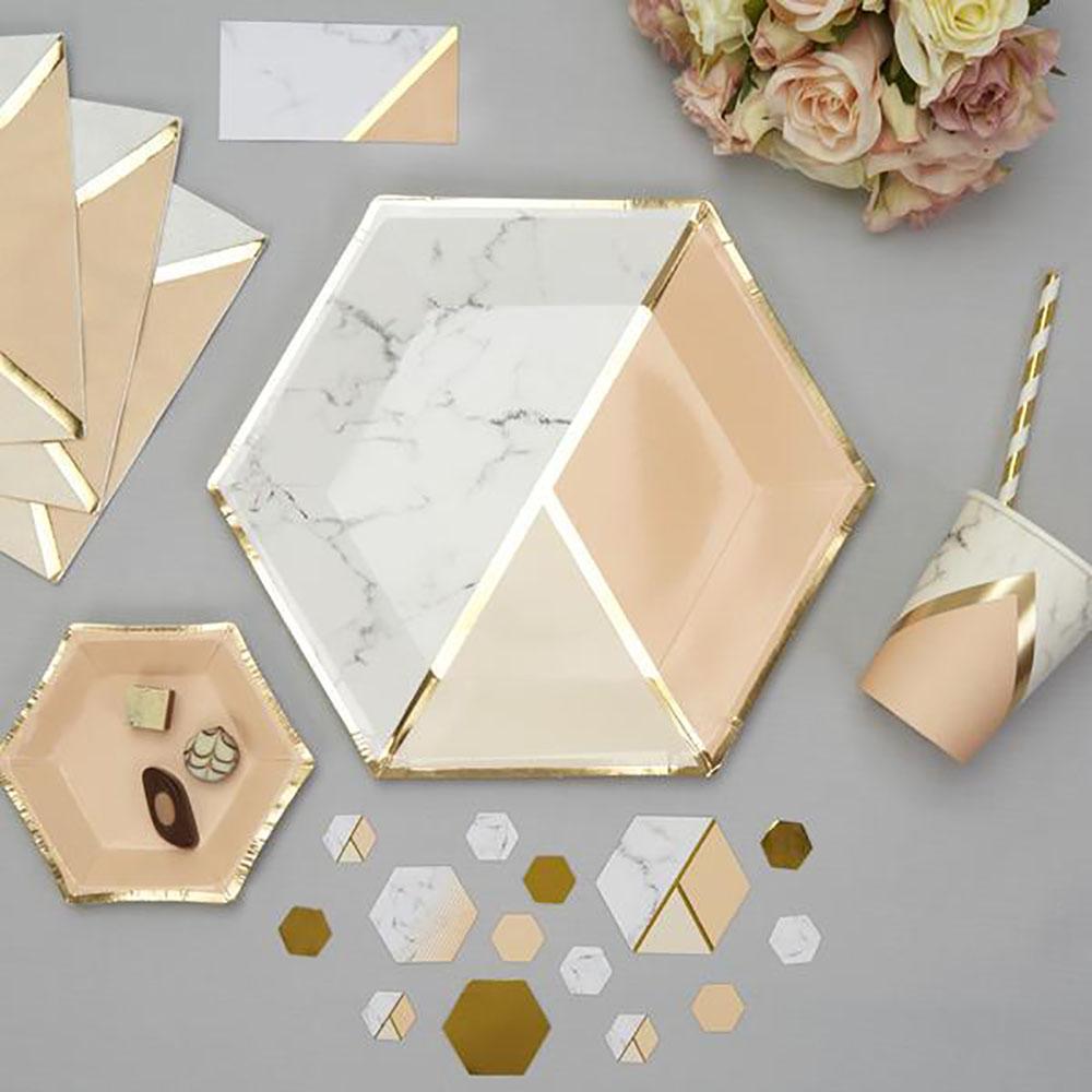 Pink Marble Paper Cups Plates Napkins With Bronzing Disposable Paper Tableware For Party Cake Plate Cups Wedding Birthday Banquet Decoration Supplies