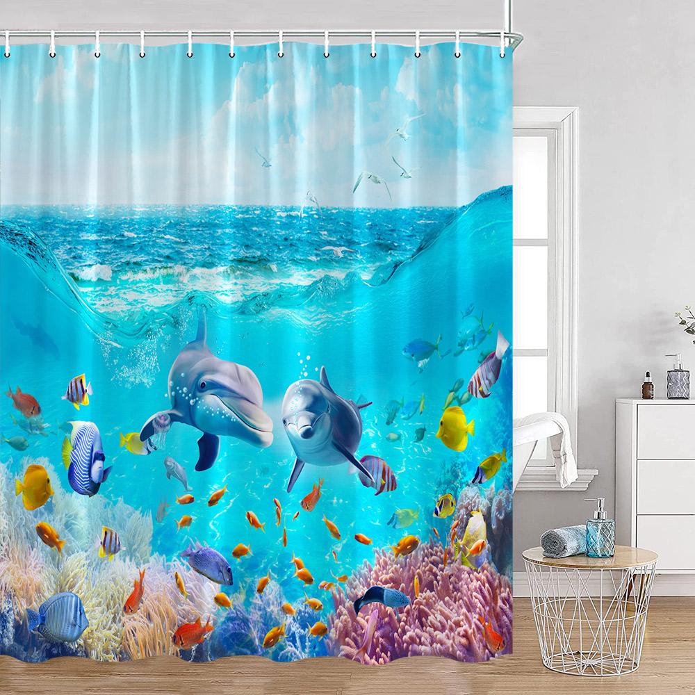 Ocean Animals Shower Curtains Undersea Tropical Fish Dolphins Coral Under Sea Home Decorations Summer Bath Curtains with Hooks
